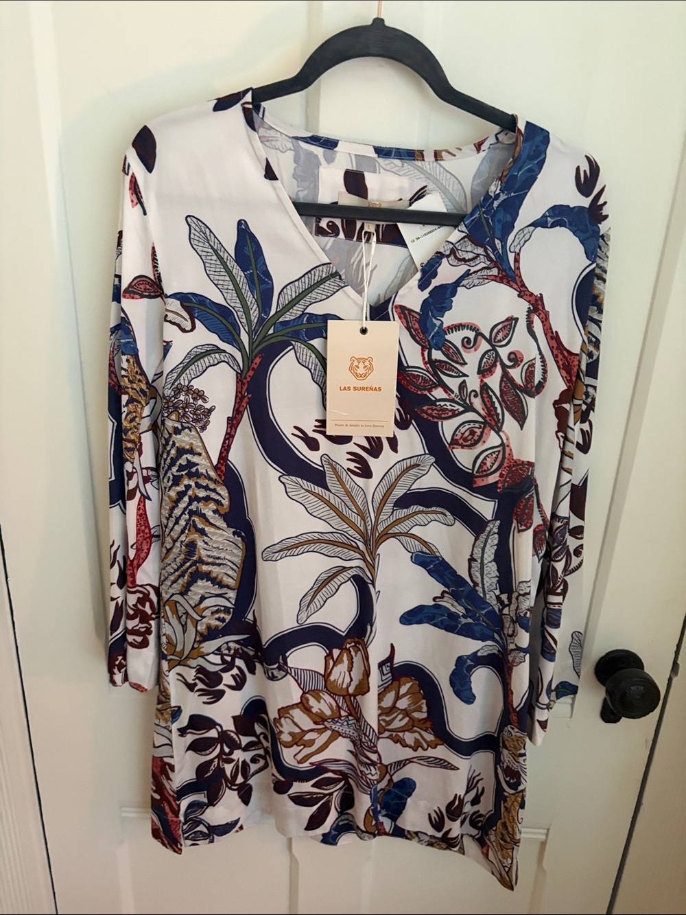 Las Surenas White Botanical Print V-Neck Women's Tunic Dress, Large, NWT